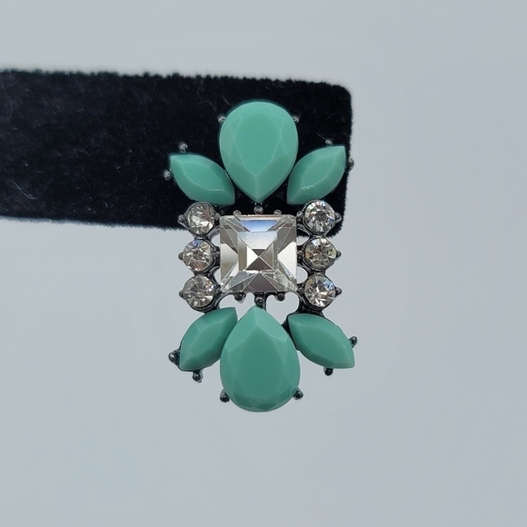 Mint Cabachon & Clear Crystal Earrings Hematite Tone Setting #1226 - Picture 7 of 11